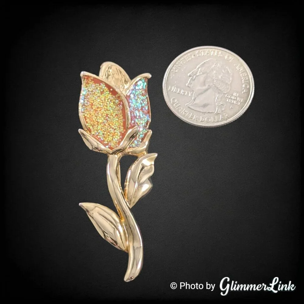 Vintage Peach Enamel Tulip Brooch Gold Tone Glitter Flower Pin